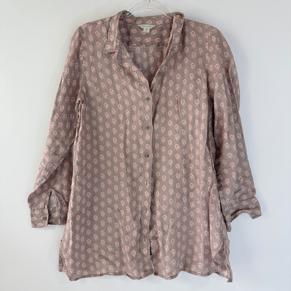 Garnet Hill Linen Button Down Shirt Womens Small Grey Floral Block Print 33502